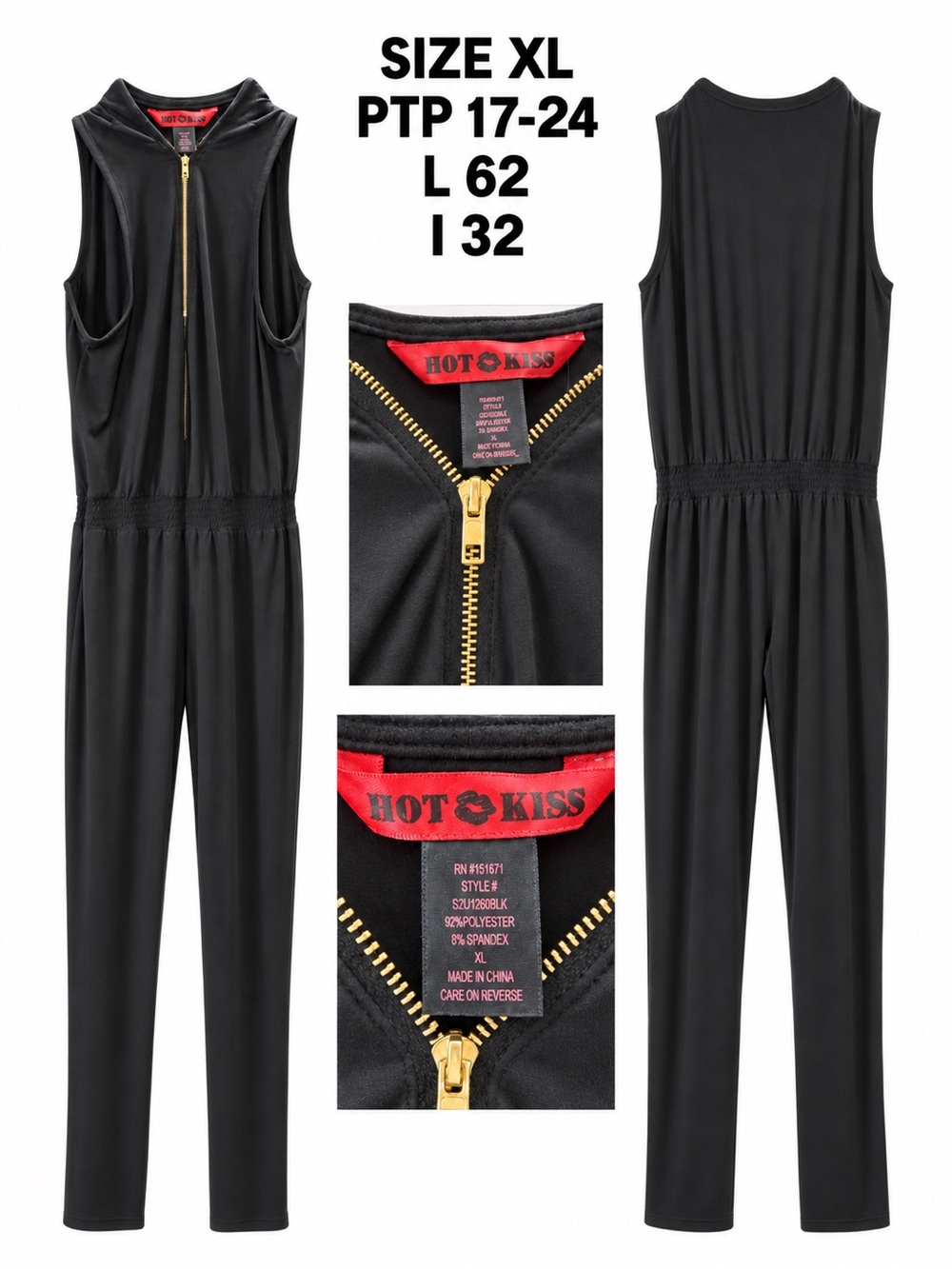 Hot Kiss Black Sleeveless Jumpsuit Romper with Gold Zip